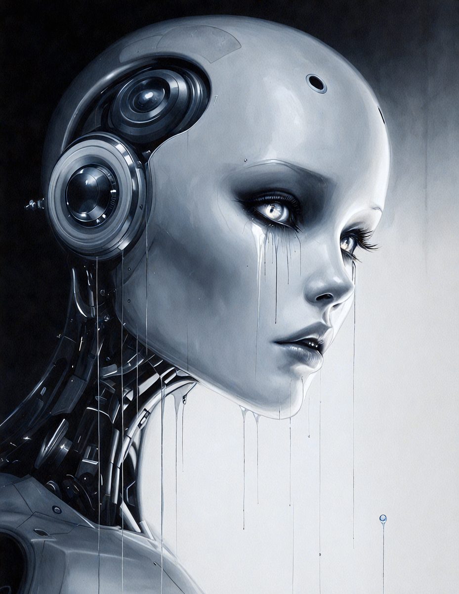 The primary subject of the image is a woman with a tear in her eye, wearing a futuristic outfit. She is surrounded by a futuristic setting, possibly a dark room. The visual style of the image is digital art, with a focus on the woman's face and the futuristic elements of her outfit. The colors and mood of the image are dark and moody, with the woman's tear adding a sense of emotion to the scene.